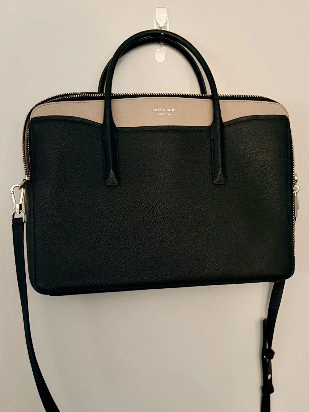 kate spade Black and Taupe Leather Laptop Briefcase